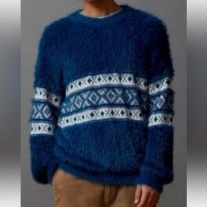 FUZZY FURRY FAIR ISLE DEEP BLUE OVERSIZED SOFT SWEATER SIZE LARGE